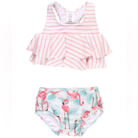 Ruffle Butts Pink Striped Flamingo Diaper Cover Set - Picture 1 of 3